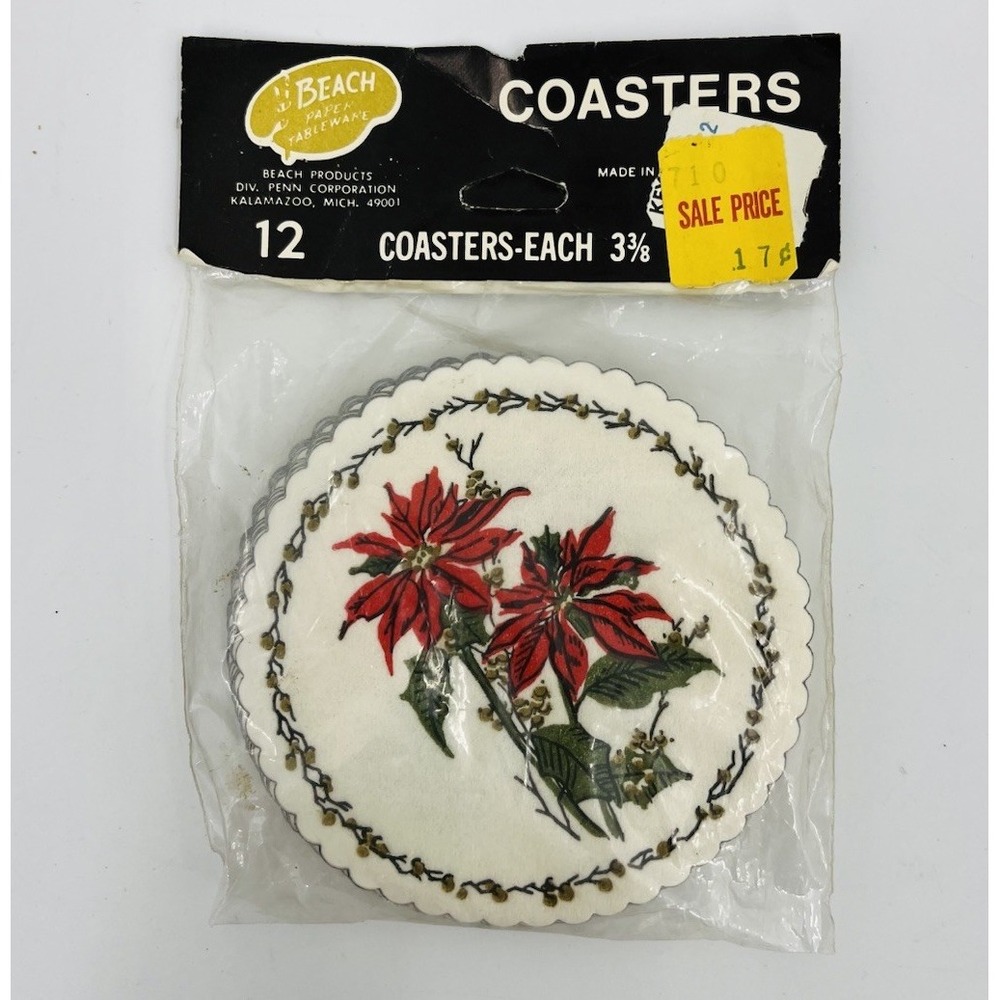 Vintage Christmas Poinsettia Paper Coasters 12 Count Beach Paper Products NOS